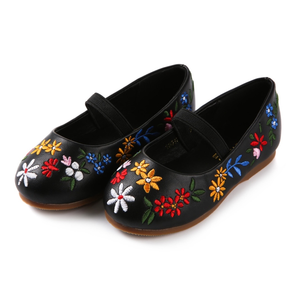 Girls Floral Mary Jane Ballerina Flat Black Shoes